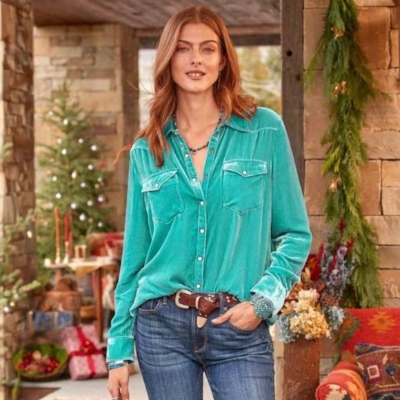 Sundance Tops - Sundance Top Snap Button Down Western Yoke Crushed Aquamarine Velvet Size Medium